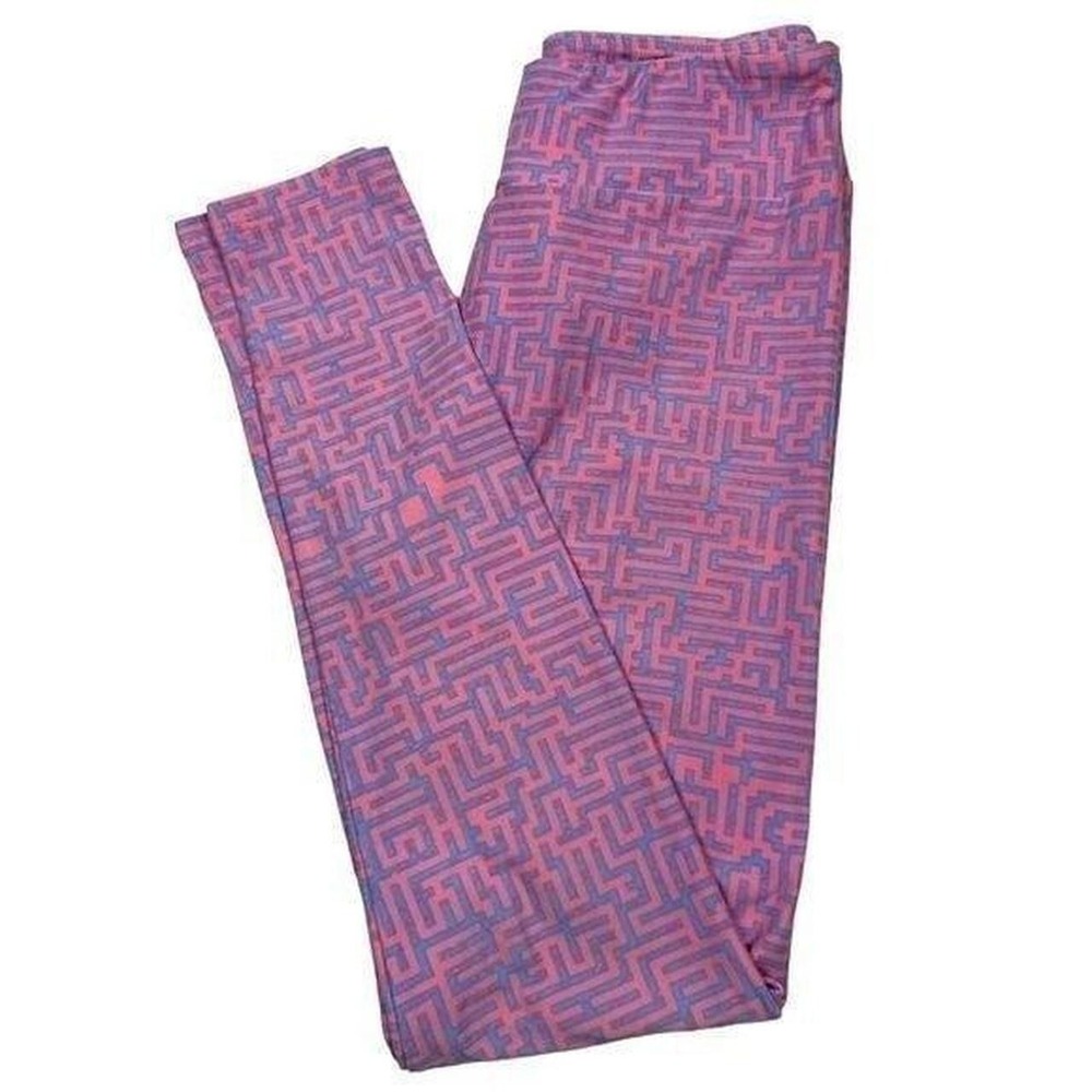 LuLaRoe Pink Purple Maze Geometric Print Leggings High Rise OS One Size